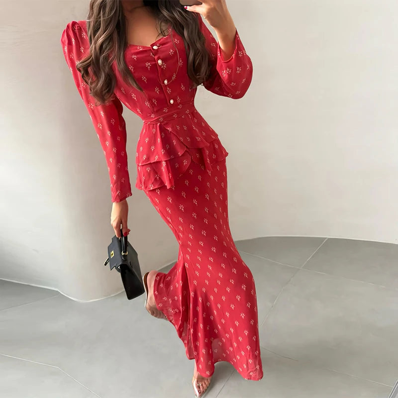 Floral Print V-Neck Flare Sleeve Mermaid Set Waist Cinched Ruffle Hem 2026 Summer Party Women Gown Retro Elegant Lady Vestido