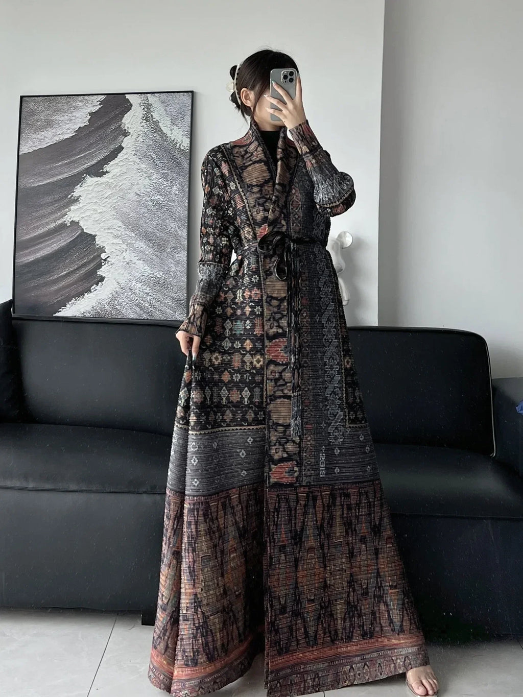 Miyake Pleats Robe Dresses 2024 Plus Size Printed Casual Airy Poncho Jacket Coat Coat Poncho Printed Plus Size Trench Coat