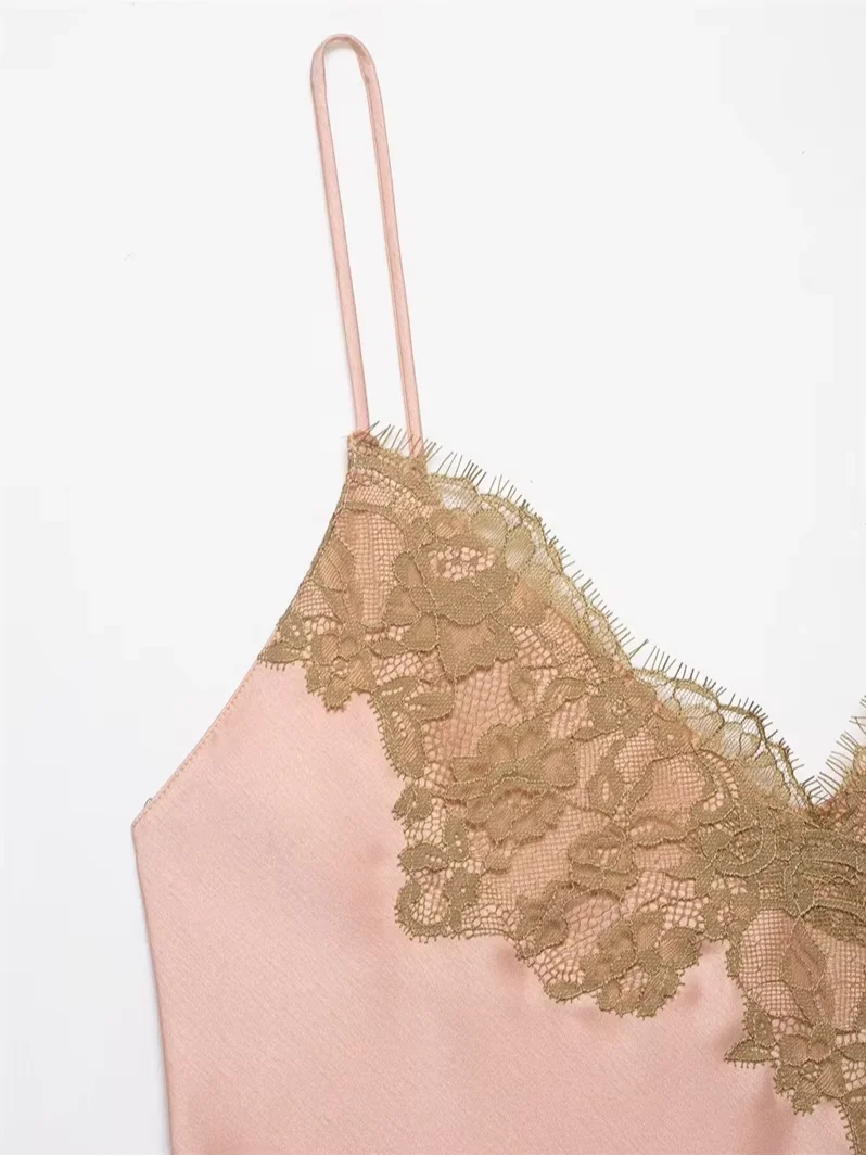 Butter Yellow Satin Bias Cut Lace Patchwork Midi Dress Women's V Neck Backless Suspenders Dresses 2026 New Dinner Party Vestidos