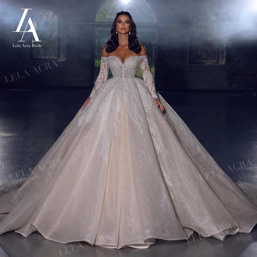 Off the Shoulder Ball Gown Wedding Dress 2026 Long Sleeve Chapel Train Princess Bride LelaAcra SM103 Custom Vestido de Noiva