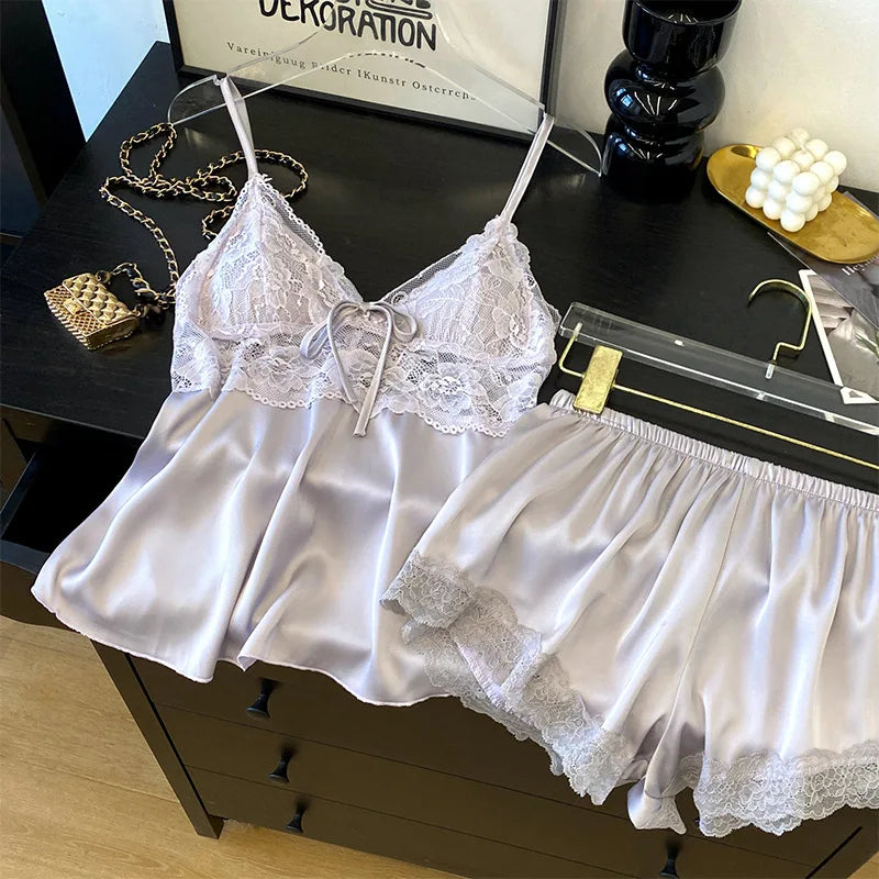 2PCS Women Lace Pajamas PJS Set Femme Satin Sleepwear Home Clothes Strap Camisole&Shorts Sleep Suit Summer V-Neck Lingerie