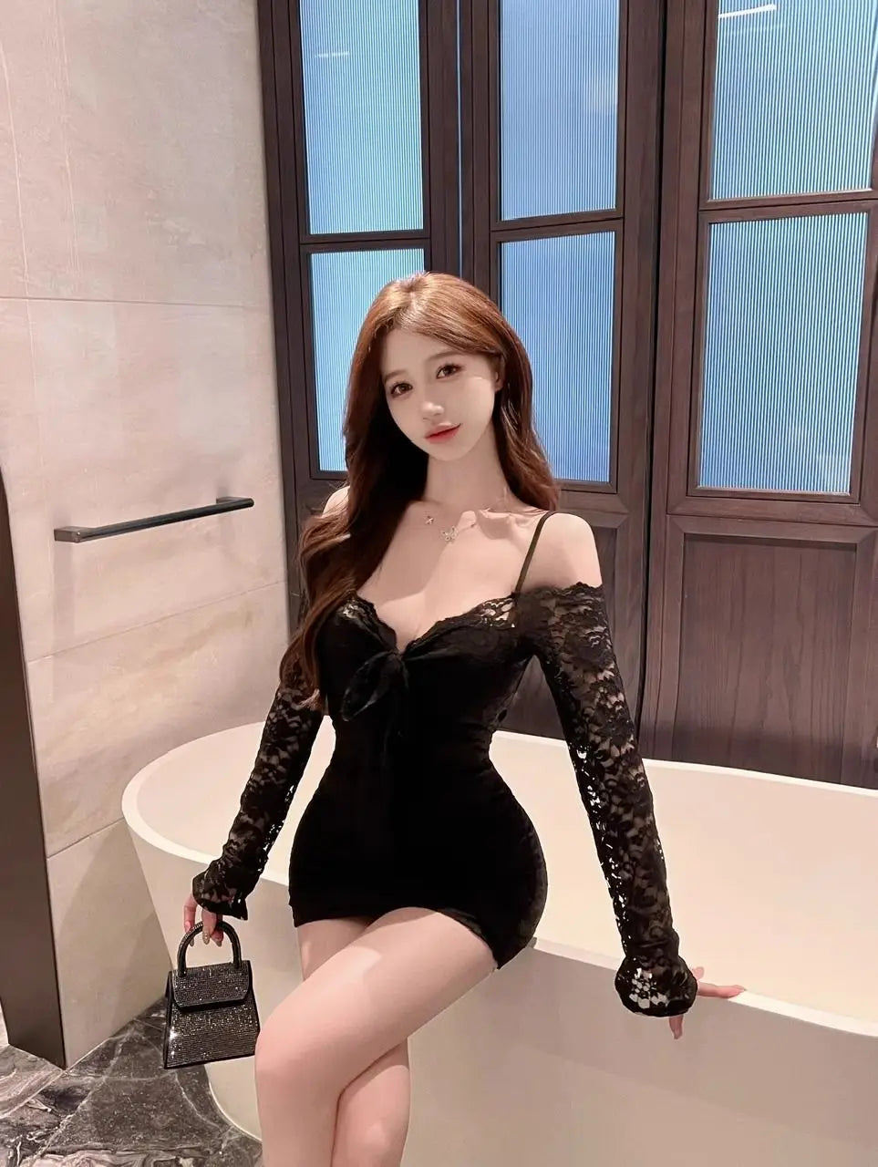 Sexy Pure Desire Lace Long Sleeve Bodycon Dress Women's Waist Cinched One Shoulder Short Skirt Tight Fit Base Layer Spring Su...