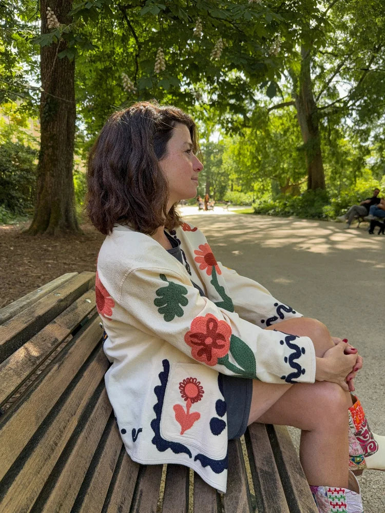 Women Print Floral Jacket Colorful Casual O-neck Long Sleeve Single Breasted Pocket Jackets 2026 Spring Summer Chic Retro Coat