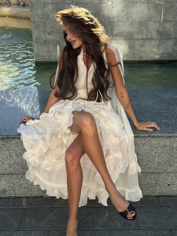 Women Solid Ruffle  Maxi Dress Fashion Lapel V-neck Sleeveless Pleated High Waist Chic Dresses 2026 Summer Lady Vacation Robes