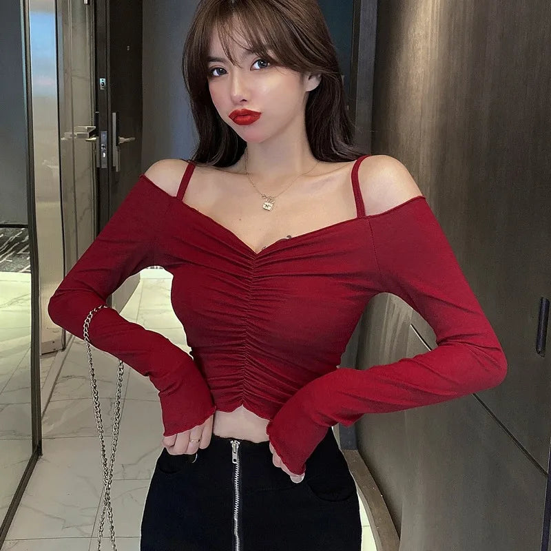 Hong Kong Style Short Crop Top Women's Tight Belly Shirt V-Neck Long Sleeve Cotton T-Shirt Korean Commute Style Base Shirt