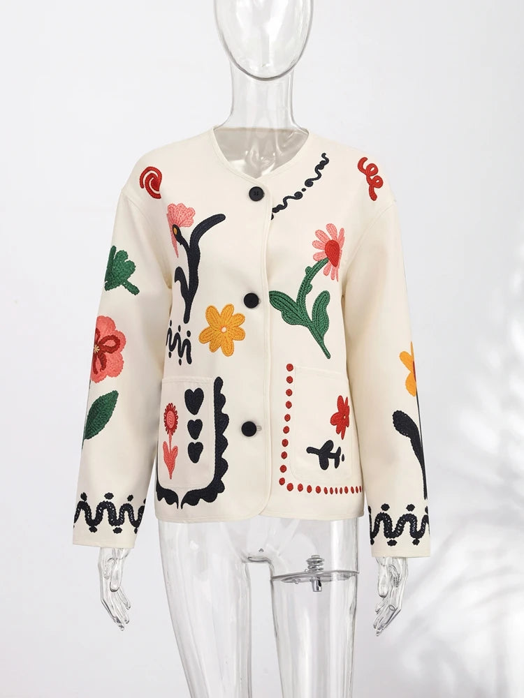 Women Print Floral Jacket Colorful Casual O-neck Long Sleeve Single Breasted Pocket Jackets 2026 Spring Summer Chic Retro Coat