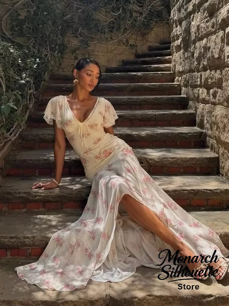 Flutter Sleeves Pleated Long Dress Women Chic Deep V-neck Floral Print Sexy Waist Cinching Vestidos Lady Holiday Street Dresses