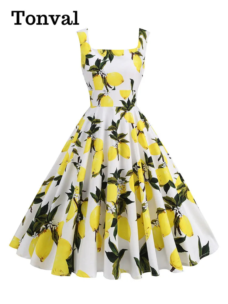 Tonval Lemon Print 40s 50s Pinup Vintage Women Cotton Dresses Square Neck Summer Sleeveless High Waist Elegant Party Dress