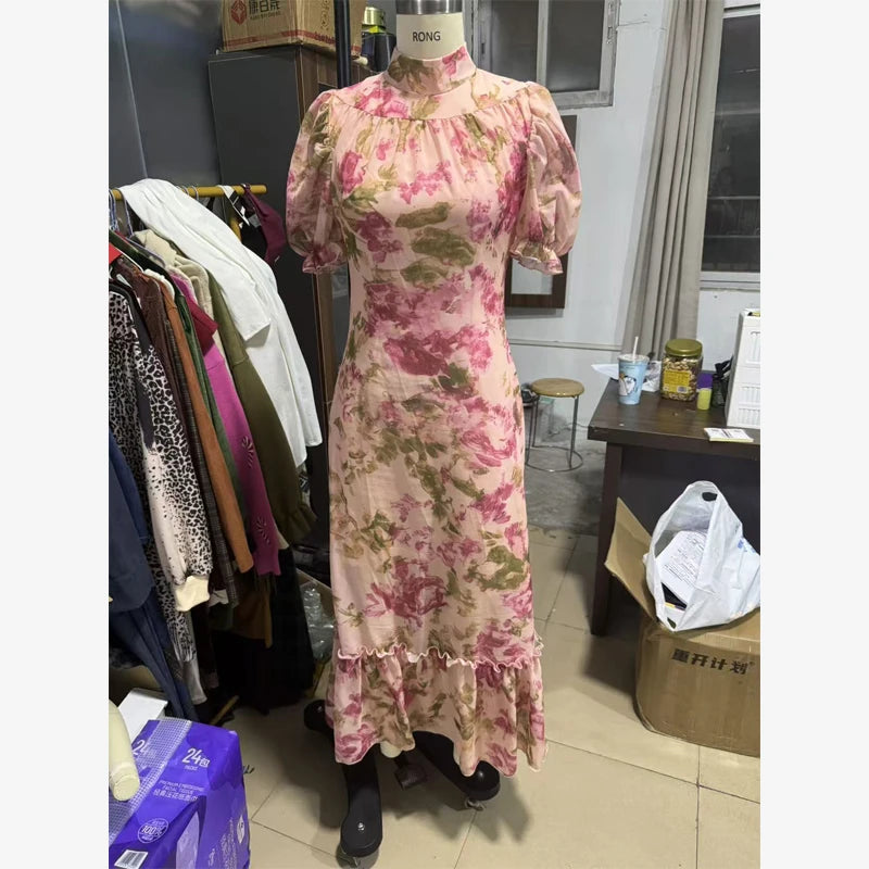 Pink Floral Print Slim Fit Dress Women Chic V-neck Ruffle Trim Flare Full Sleeves Ruched Slit Long Dresses Lady Elegant Wear New