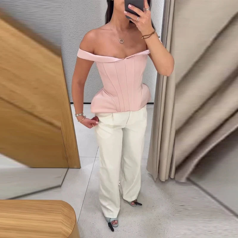 Sexy Women's Top Off Shoulder Slim Fish Bone A-line Hem Solid Female Corset 2026 Summer Fashion Chic Elegant Party Lady Outwear
