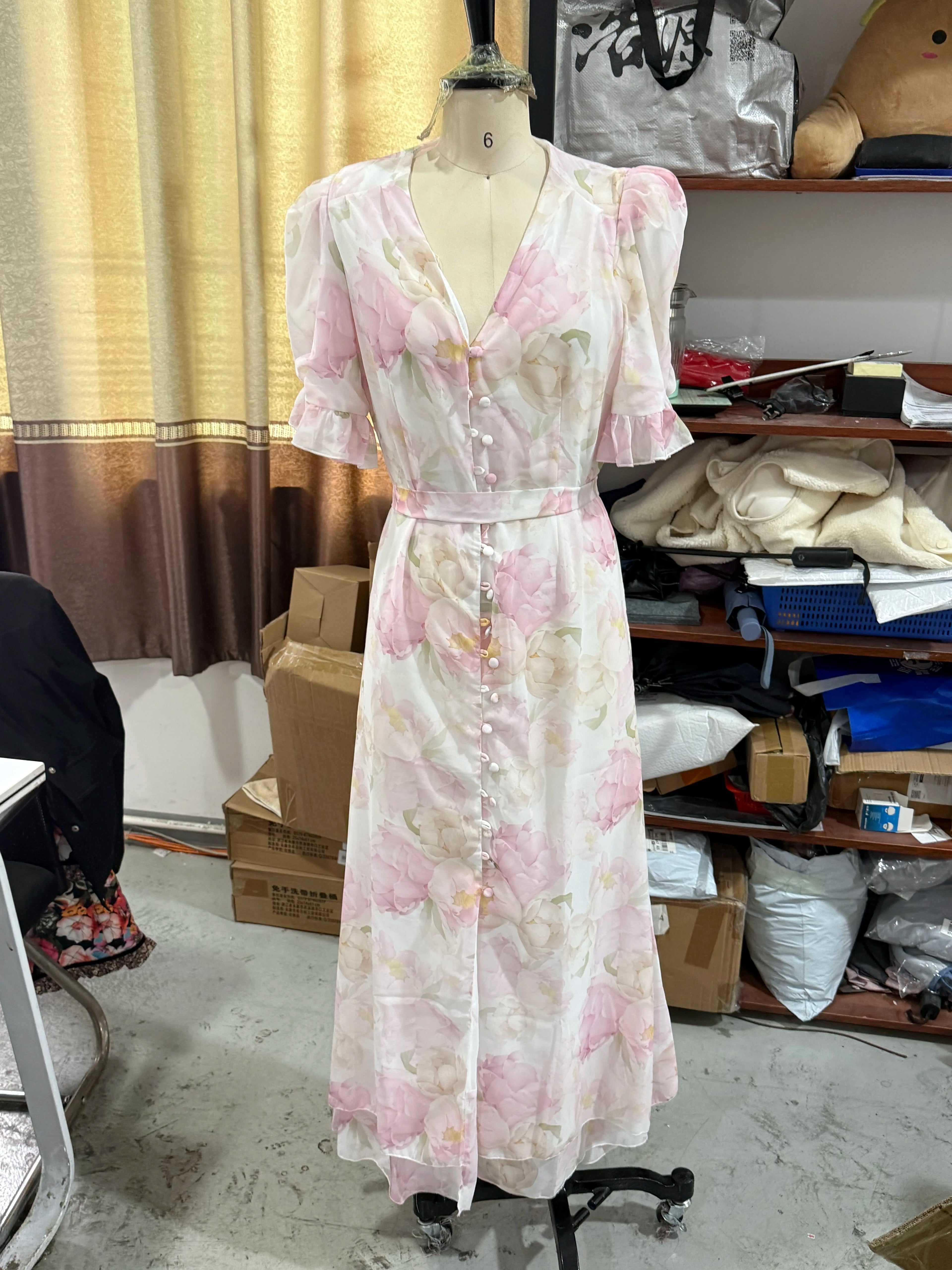 Flutter Sleeves Pleated Long Dress Women Chic Deep V-neck Floral Print Sexy Waist Cinching Vestidos Lady Holiday Street Dresses
