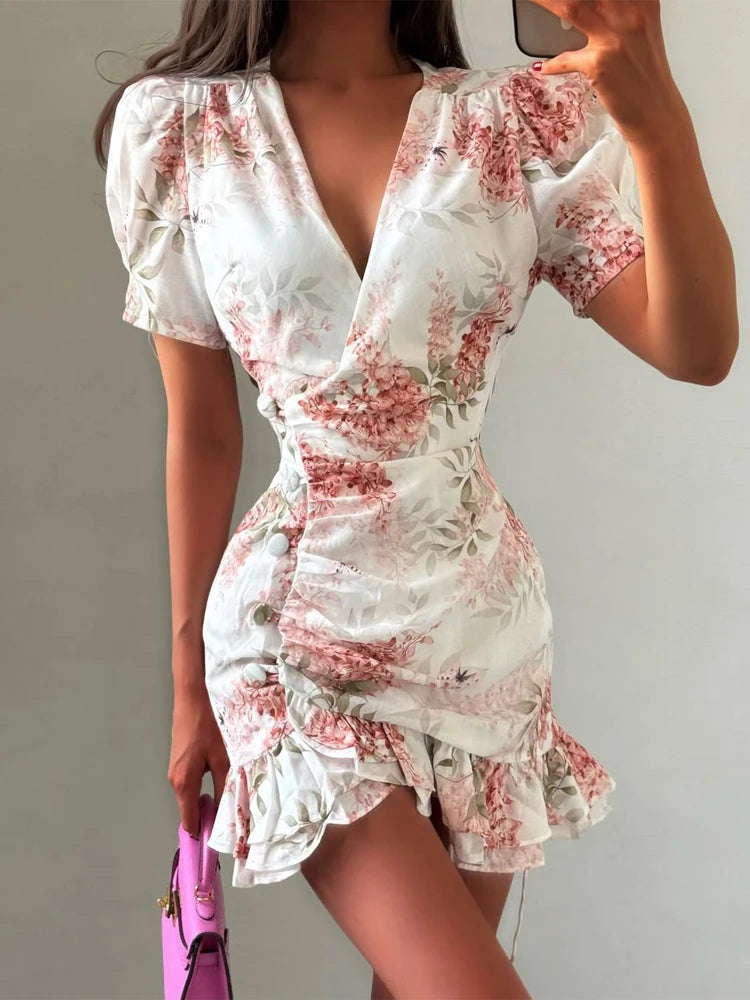 Elegant Print Low-cut Ruffle Short Dress Women V-neck Short-sleeved Waist Cinching Pleated Mini Dresses Lady Party Vestidos 2026