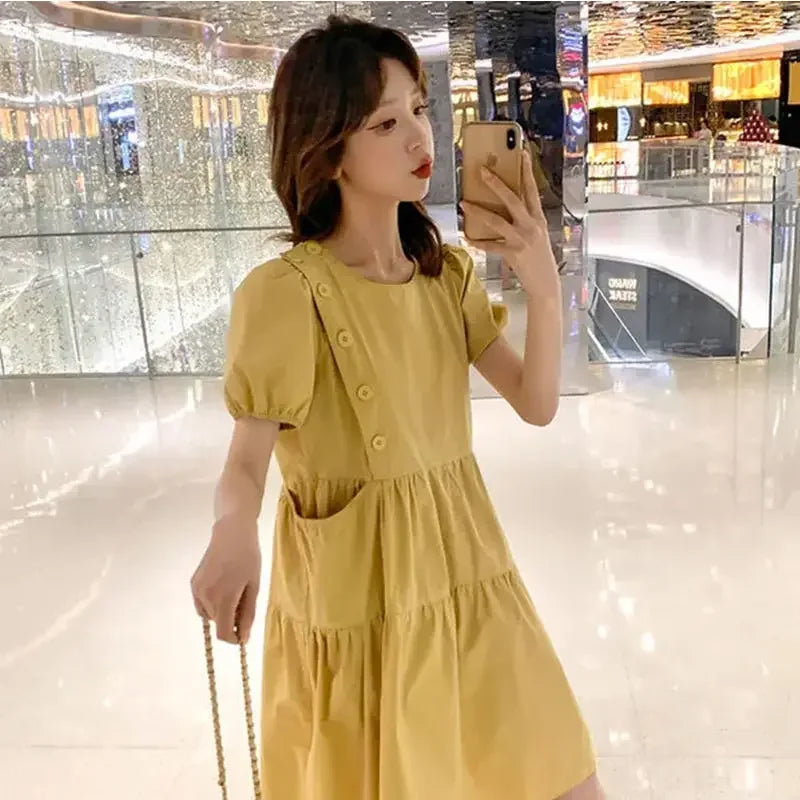 Yellow Short Silk Women's Dress Black Mini Female Dresses 2025 Kawaii Clothing Cute Fairy Chiffon Satin New in Cotton Luxury Xxl