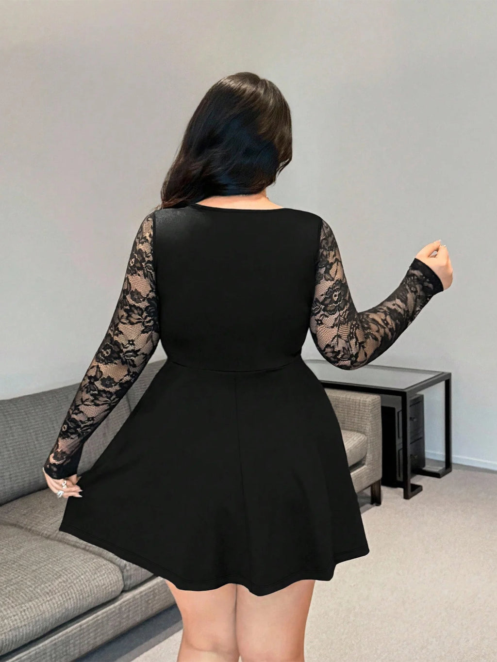 Plus Size Womens Dress Lace Long Sleeve Ruched Dress Lace Mini Dress Fit Casual Chic Apparel Dresses Spring Summer Daily Dress