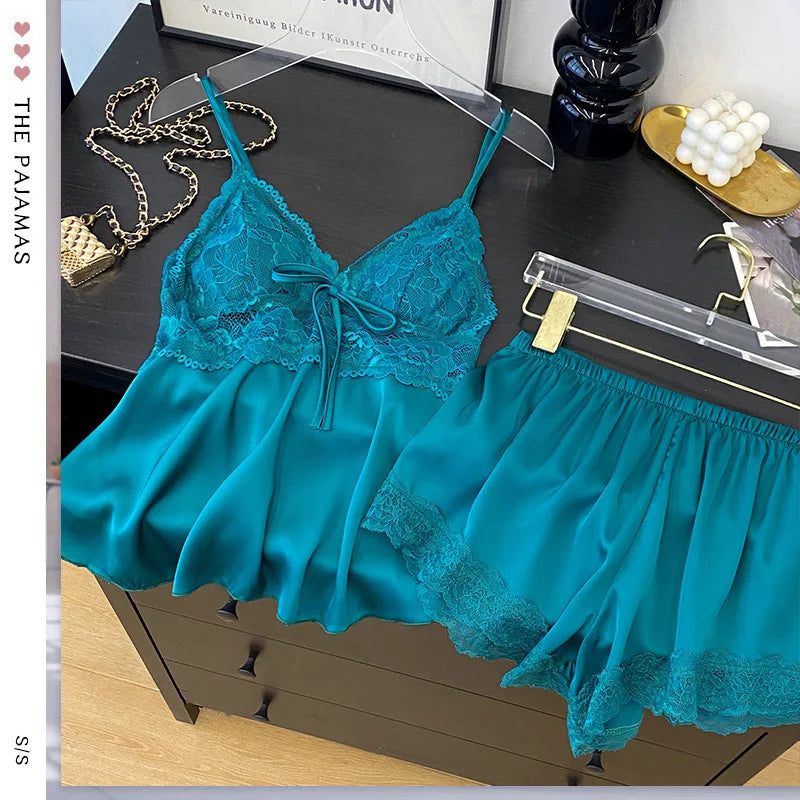 2PCS Women Lace Pajamas PJS Set Femme Satin Sleepwear Home Clothes Strap Camisole&Shorts Sleep Suit Summer V-Neck Lingerie