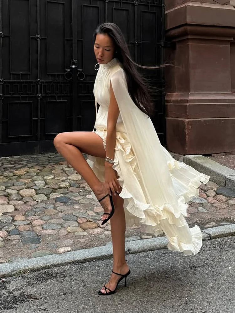 Women Solid Ruffle  Maxi Dress Fashion Lapel V-neck Sleeveless Pleated High Waist Chic Dresses 2026 Summer Lady Vacation Robes