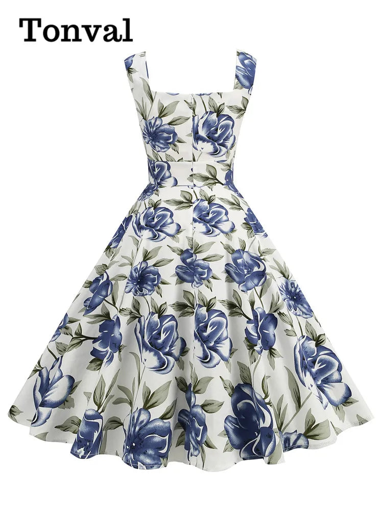 Tonval Lemon Print 40s 50s Pinup Vintage Women Cotton Dresses Square Neck Summer Sleeveless High Waist Elegant Party Dress