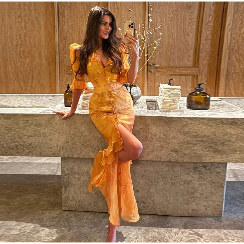 Padded Shoulder Ruffle Maxi Dress V-neck Low Slit Waist Cinching 2026 Springr Holiday Women Flowy Gown Chic Fashion Vestidoes