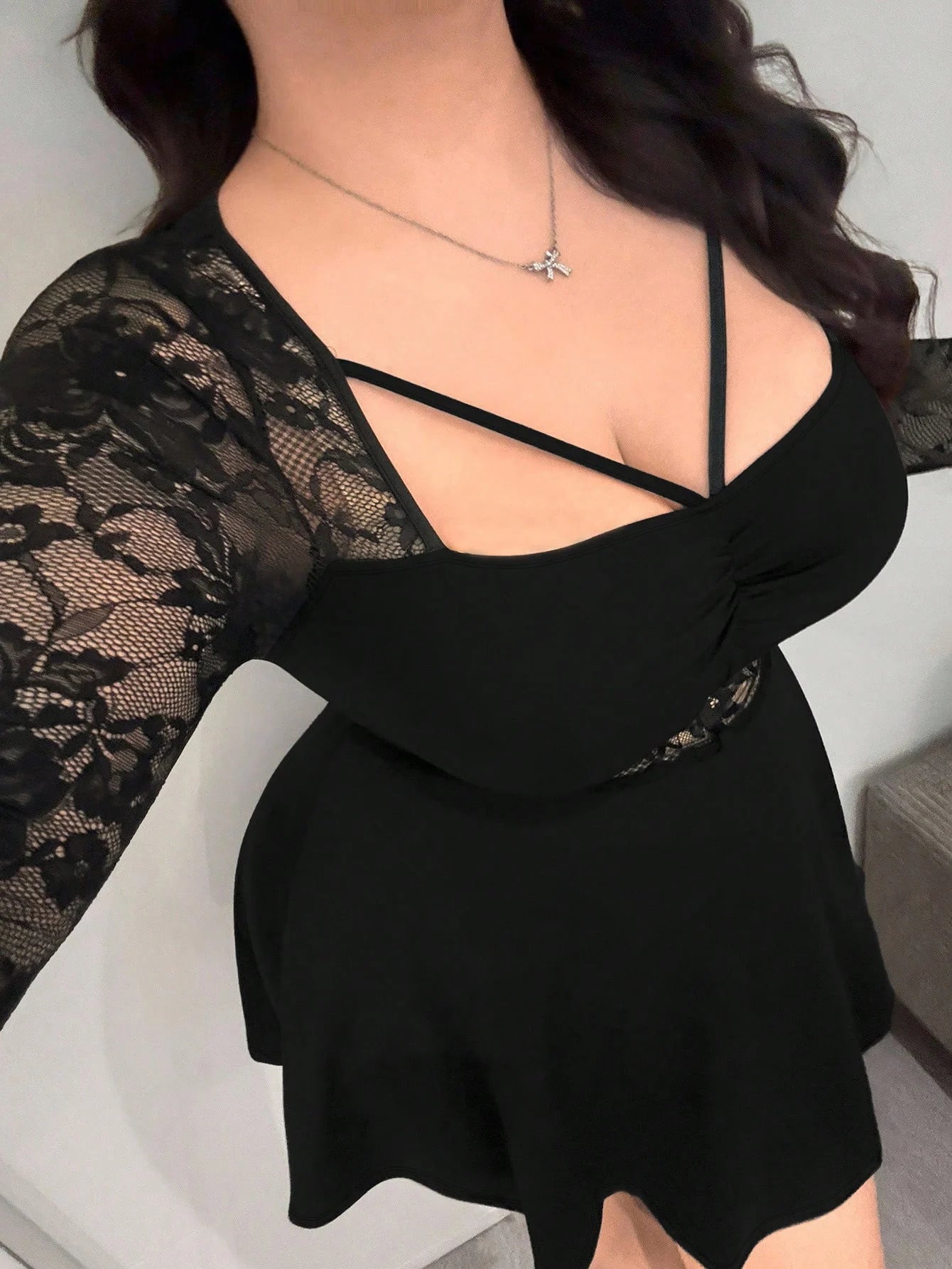 Plus Size Womens Dress Lace Long Sleeve Ruched Dress Lace Mini Dress Fit Casual Chic Apparel Dresses Spring Summer Daily Dress