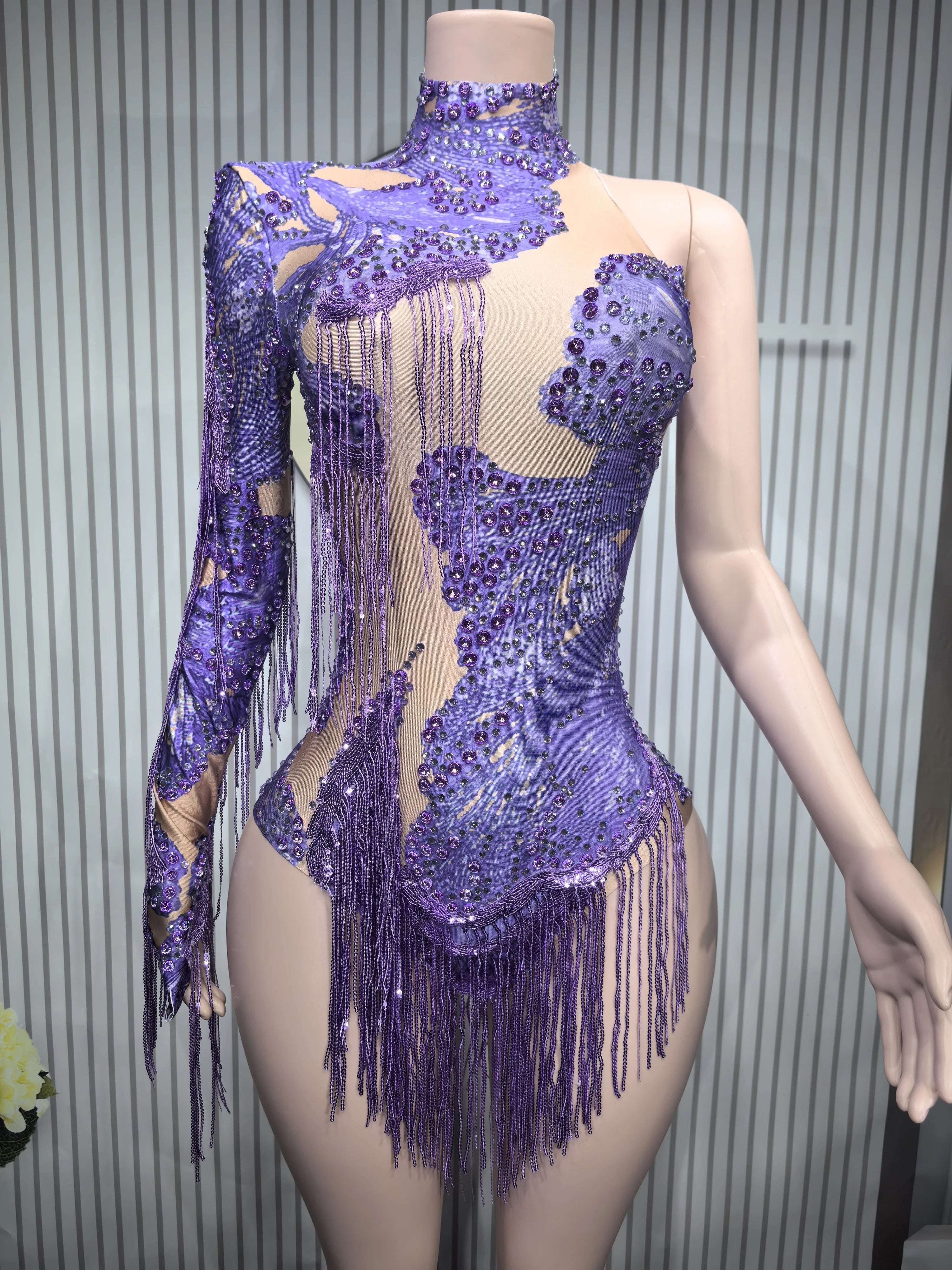 Sexy Elastic Rhinestone Tassel Party Bodysuit OutfiSet Women Nightclub Prom Crystal Fringe LeotardDance Stage Wear Nainiang Q025