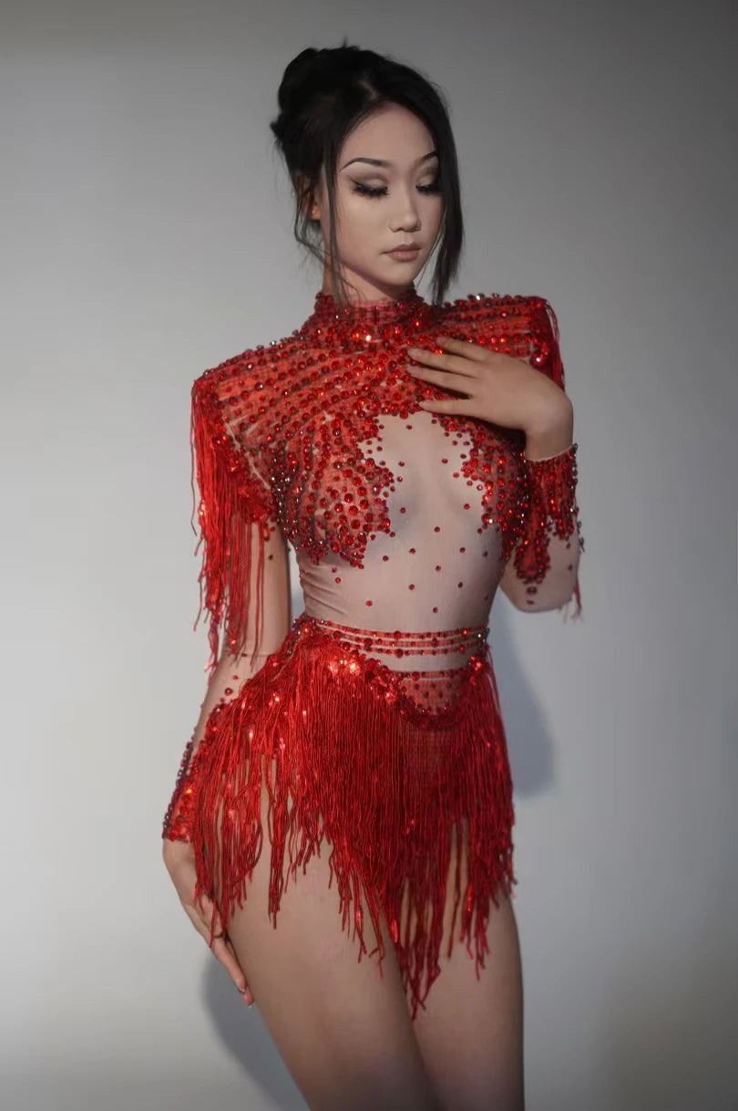 Sexy Elastic Rhinestone Tassel Party Bodysuit OutfiSet Women Nightclub Prom Crystal Fringe LeotardDance Stage Wear Nainiang Q025