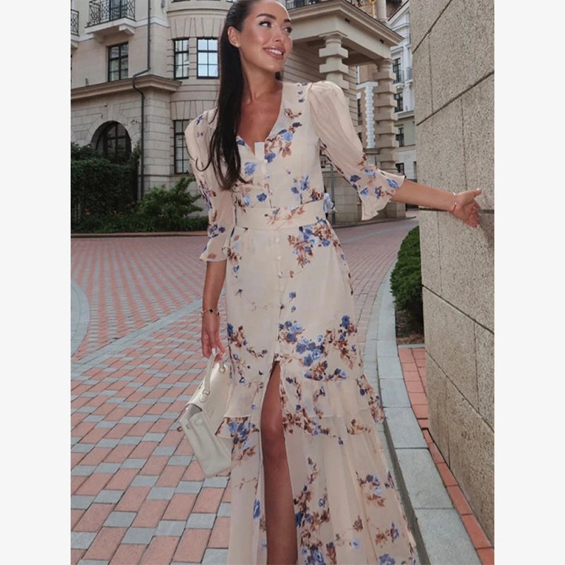 Pink Floral Print Slim Fit Dress Women Chic V-neck Ruffle Trim Flare Full Sleeves Ruched Slit Long Dresses Lady Elegant Wear New