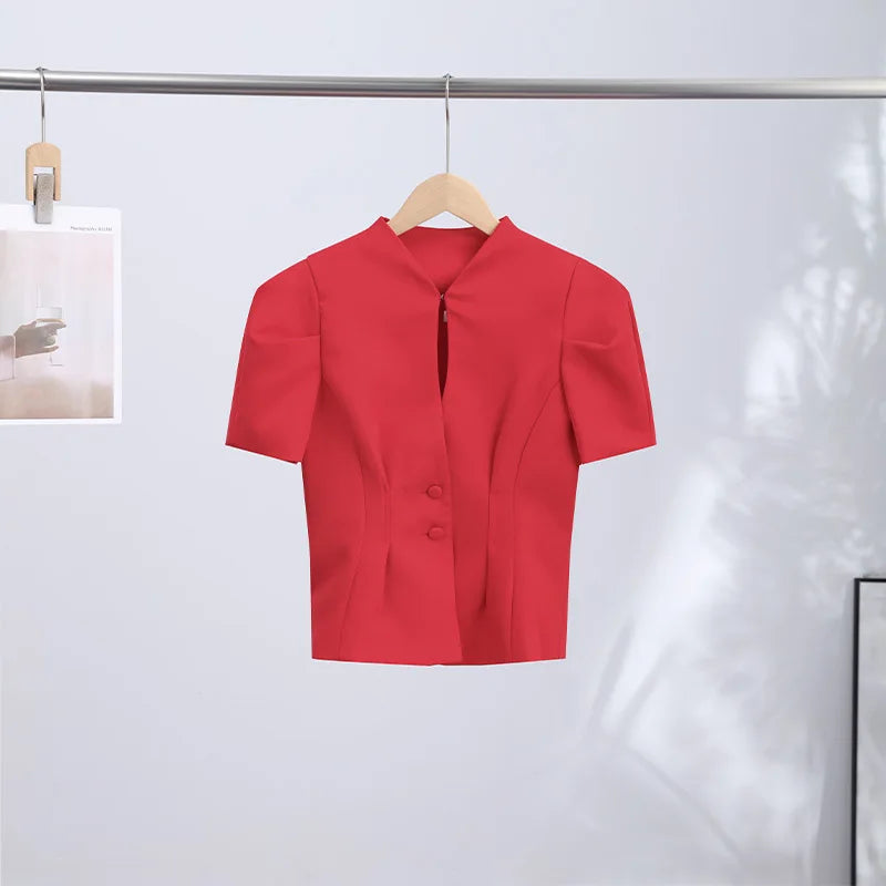 Casual Solid Hollow Out Tops Women Sexy Closed Waist Single Breasted Slim Short Sleeve Top Female 2026 Spring Summer Lady Shirts