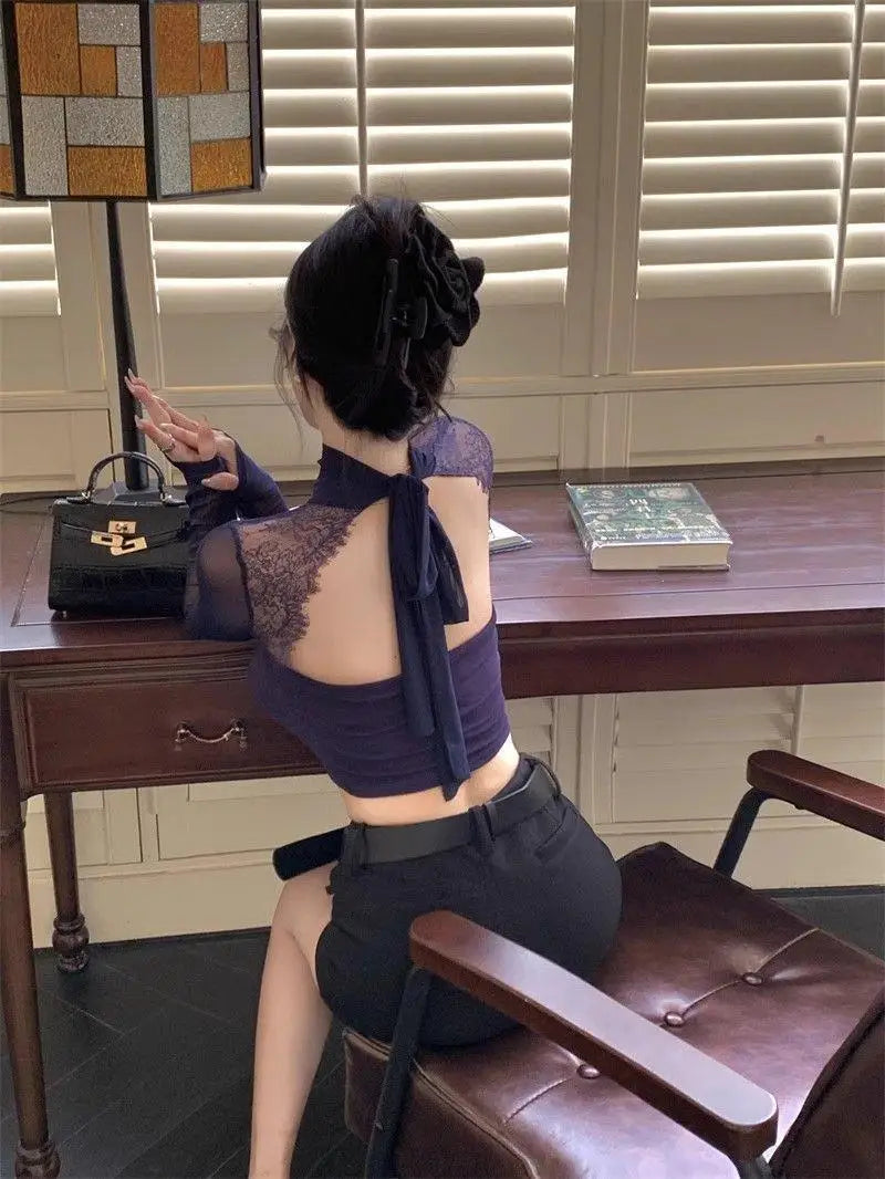 Long Sleeve Lace Splicing Hollow out T-Shirt Women's Spring Design Slim Fit Pure Sexy Purple Short Backless Top