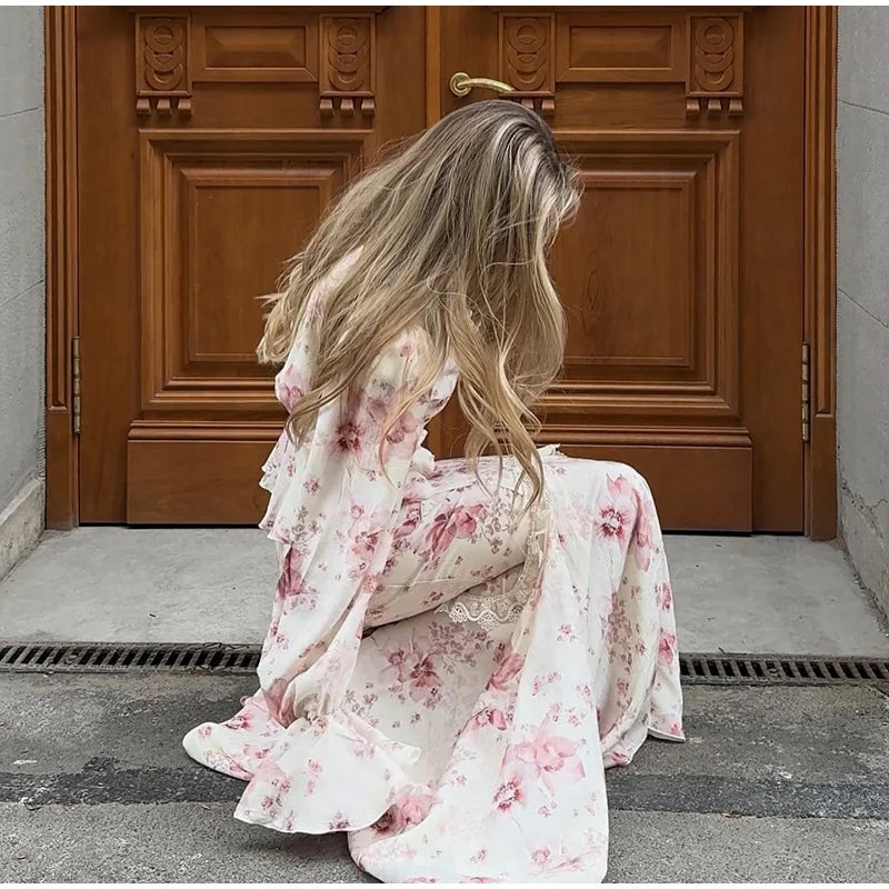 Floral Print V-Neck Flare Sleeve Mermaid Set Waist Cinched Ruffle Hem 2026 Summer Party Women Gown Retro Elegant Lady Vestido