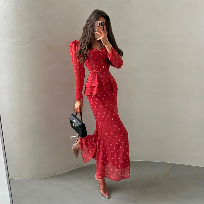 Floral Print V-Neck Flare Sleeve Mermaid Set Waist Cinched Ruffle Hem 2026 Summer Party Women Gown Retro Elegant Lady Vestido