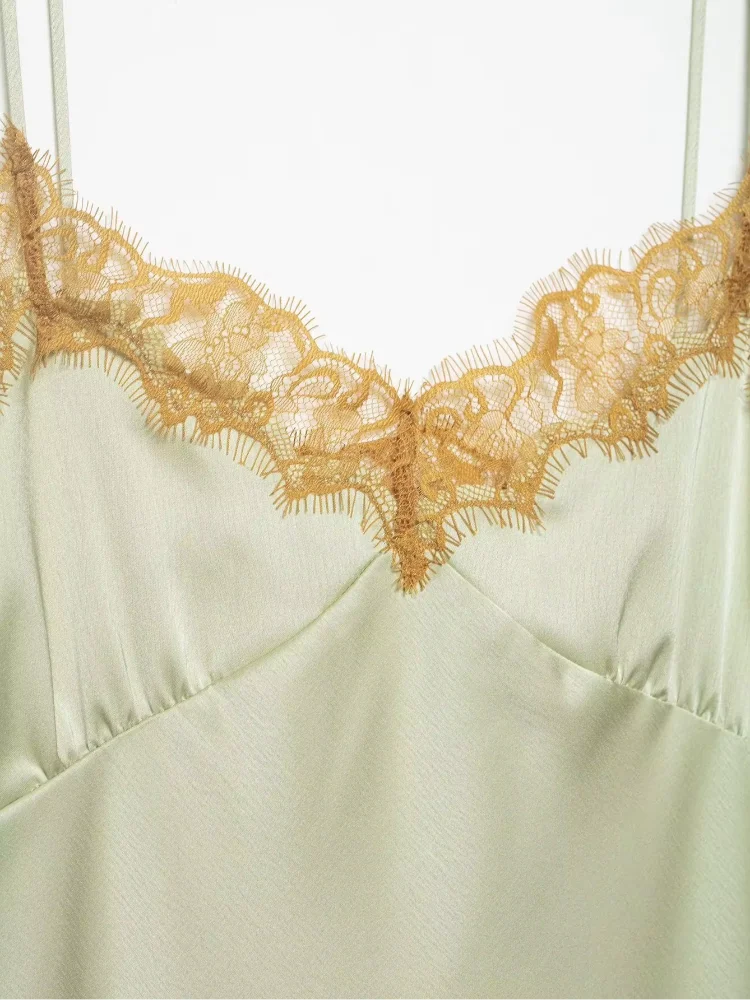 Butter Yellow Satin Bias Cut Lace Patchwork Midi Dress Women's V Neck Backless Suspenders Dresses 2026 New Dinner Party Vestidos