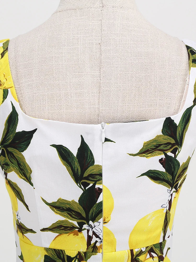 Tonval Lemon Print 40s 50s Pinup Vintage Women Cotton Dresses Square Neck Summer Sleeveless High Waist Elegant Party Dress