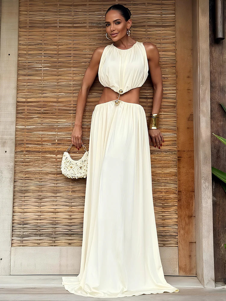 Cutenew Shirring Splice Women Maxi Dresses Classic Solid O-neck Sleeveless Straight Vestidos Female Wild Simple Party Long Robe