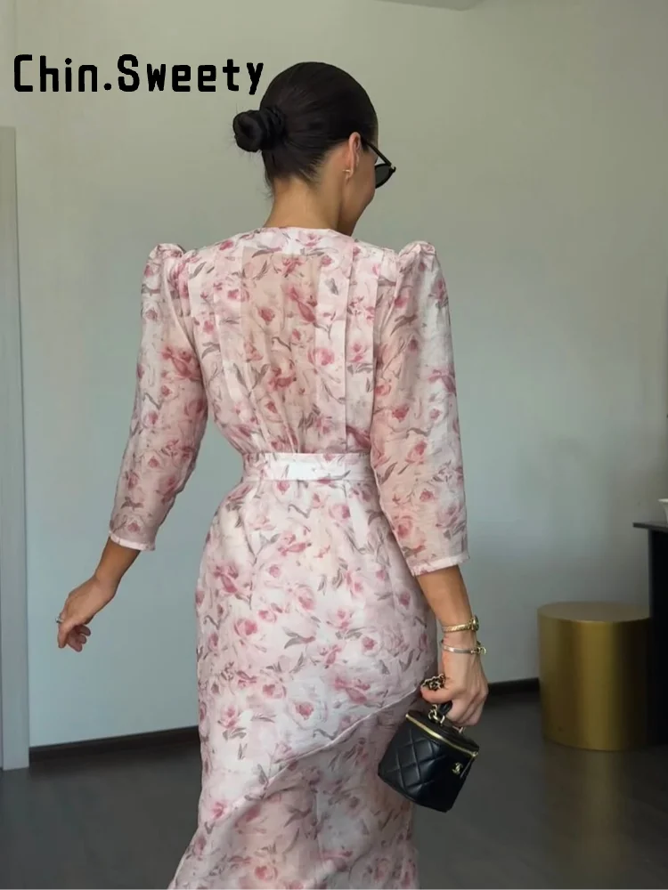 Elegant Printed Women's Dress Organza Deep V-neck Half Sleeved Waist Cinched Pleated Dresses 2026 Summer Lady Holiday Party Robe