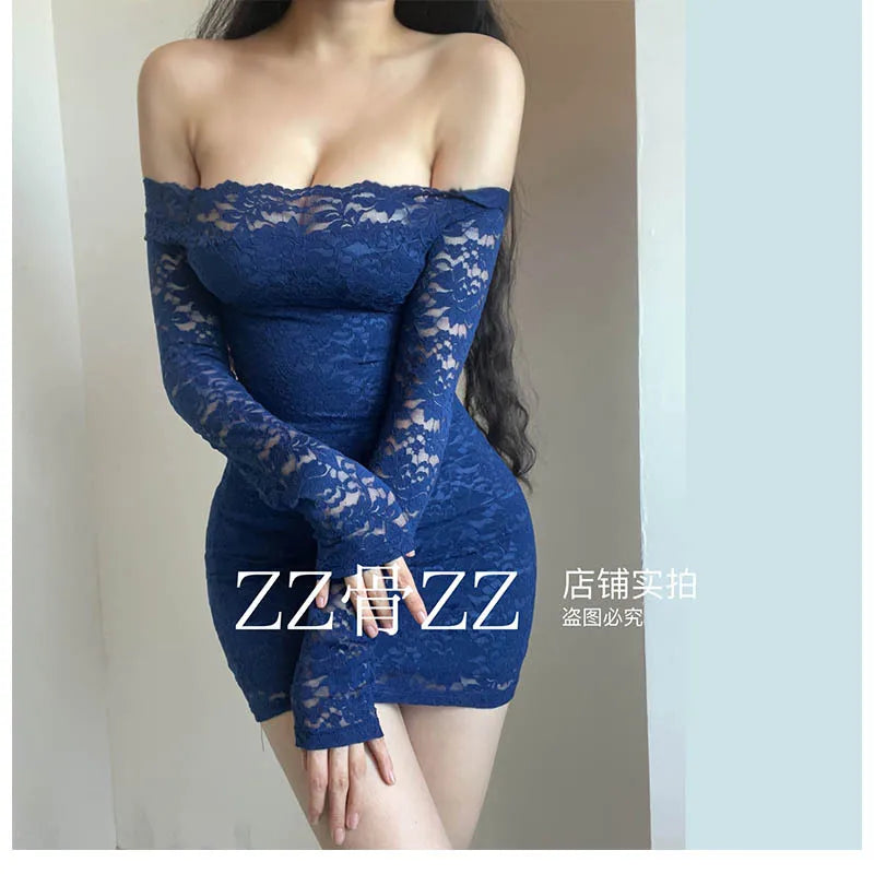 Blue Lace Mesh Slim Mini Dress Autumn New Style French Dress Elegant Feminine One Shoulder Slash Neck Lace Sexy Korean YRR6