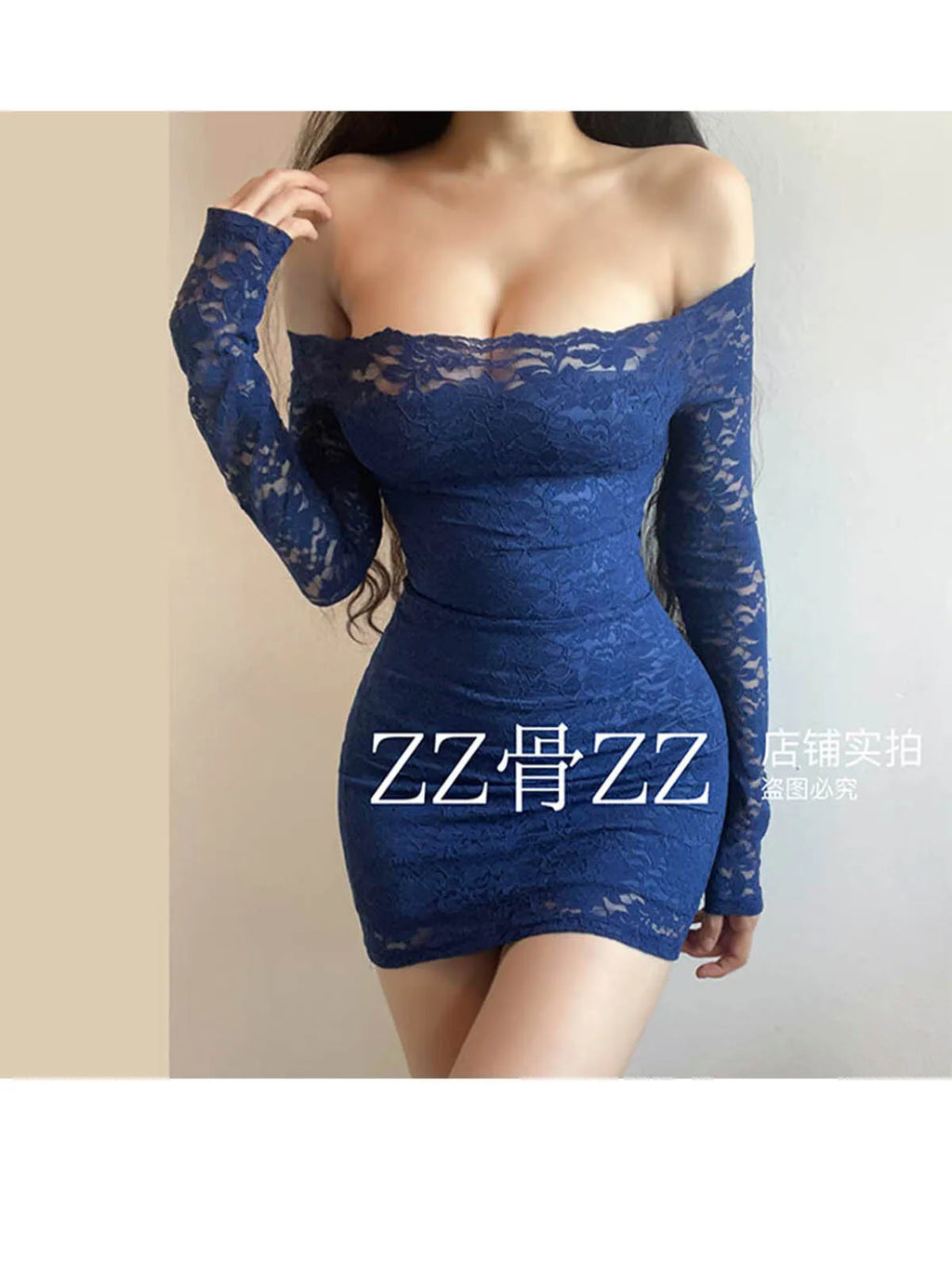 Blue Lace Mesh Slim Mini Dress Autumn New Style French Dress Elegant Feminine One Shoulder Slash Neck Lace Sexy Korean YRR6