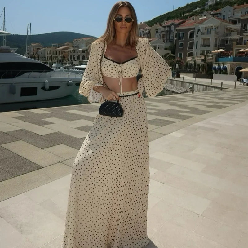 Sexy Polka Dot Cropped Top Long Skirt Women Lantern Sleeve Slash Neck Lace Up Top Maxi Skirts 2026 Summer Lady Beach Outfits