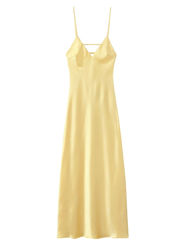 Butter Yellow Satin Bias Cut Lace Patchwork Midi Dress Women's V Neck Backless Suspenders Dresses 2026 New Dinner Party Vestidos