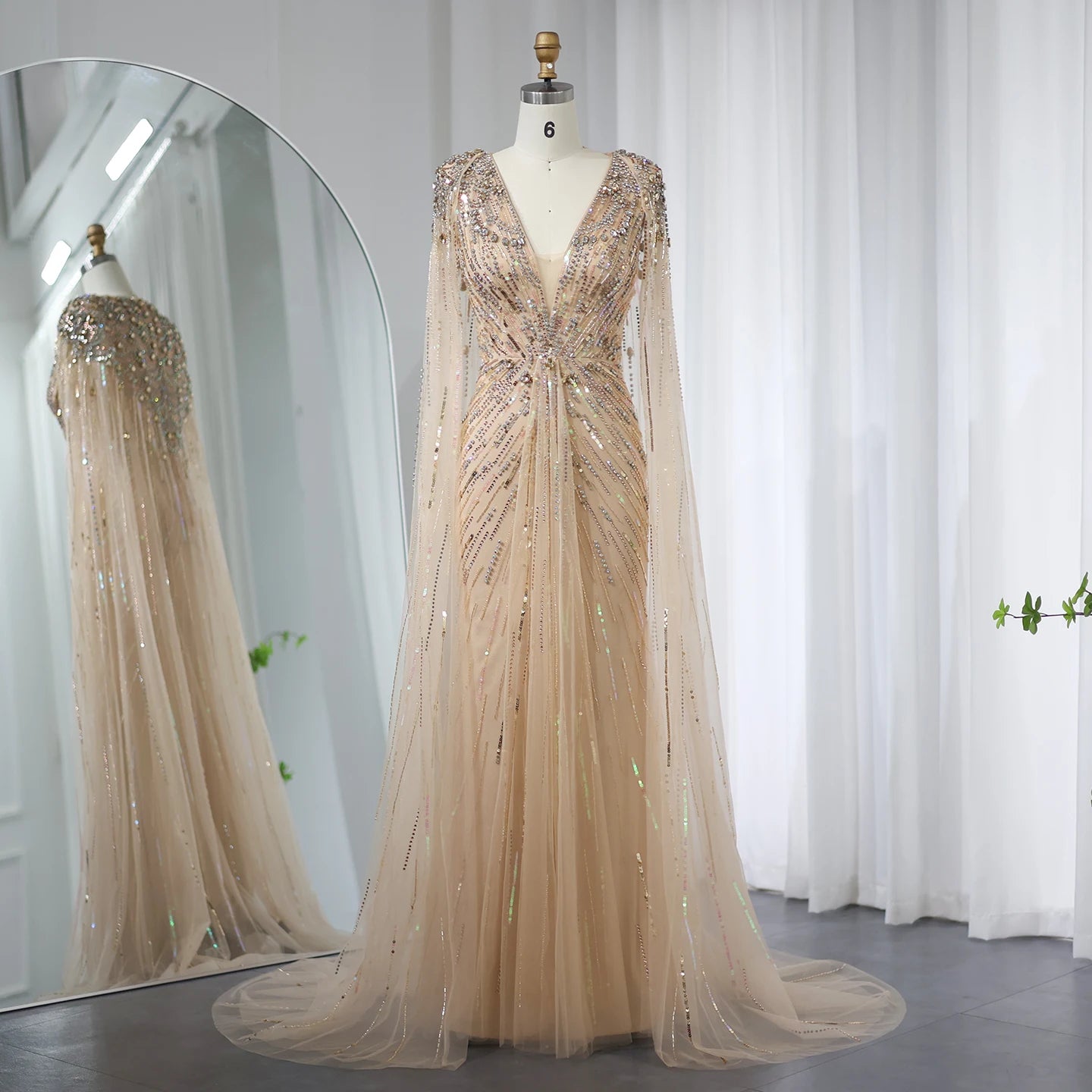 Sharon Said Luxury Dubai Sage Green Evening Dresses with Cape Fuchsia Crystal Gold Women Wedding Party Gowns SS399 Customized