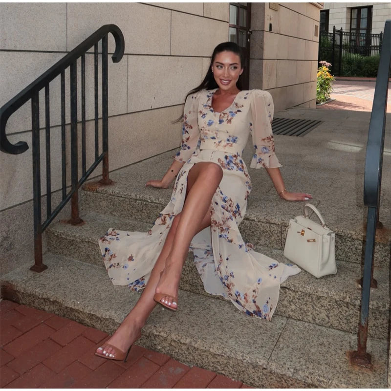 Padded Shoulder Ruffle Maxi Dress V-neck Low Slit Waist Cinching 2026 Springr Holiday Women Flowy Gown Chic Fashion Vestidoes