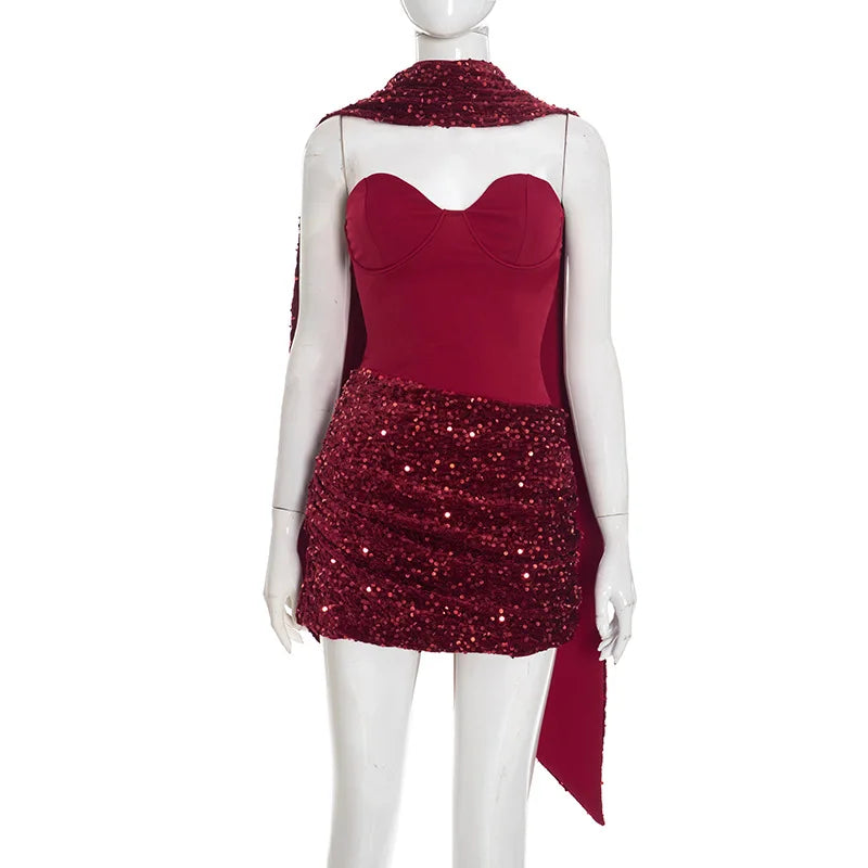 Women Slim Sexy Pleated Bodycon Dress Sequin Backless Spaghetti Strap Mini Summer Dresses 2026 Lady Evening Nightclub Party Gown
