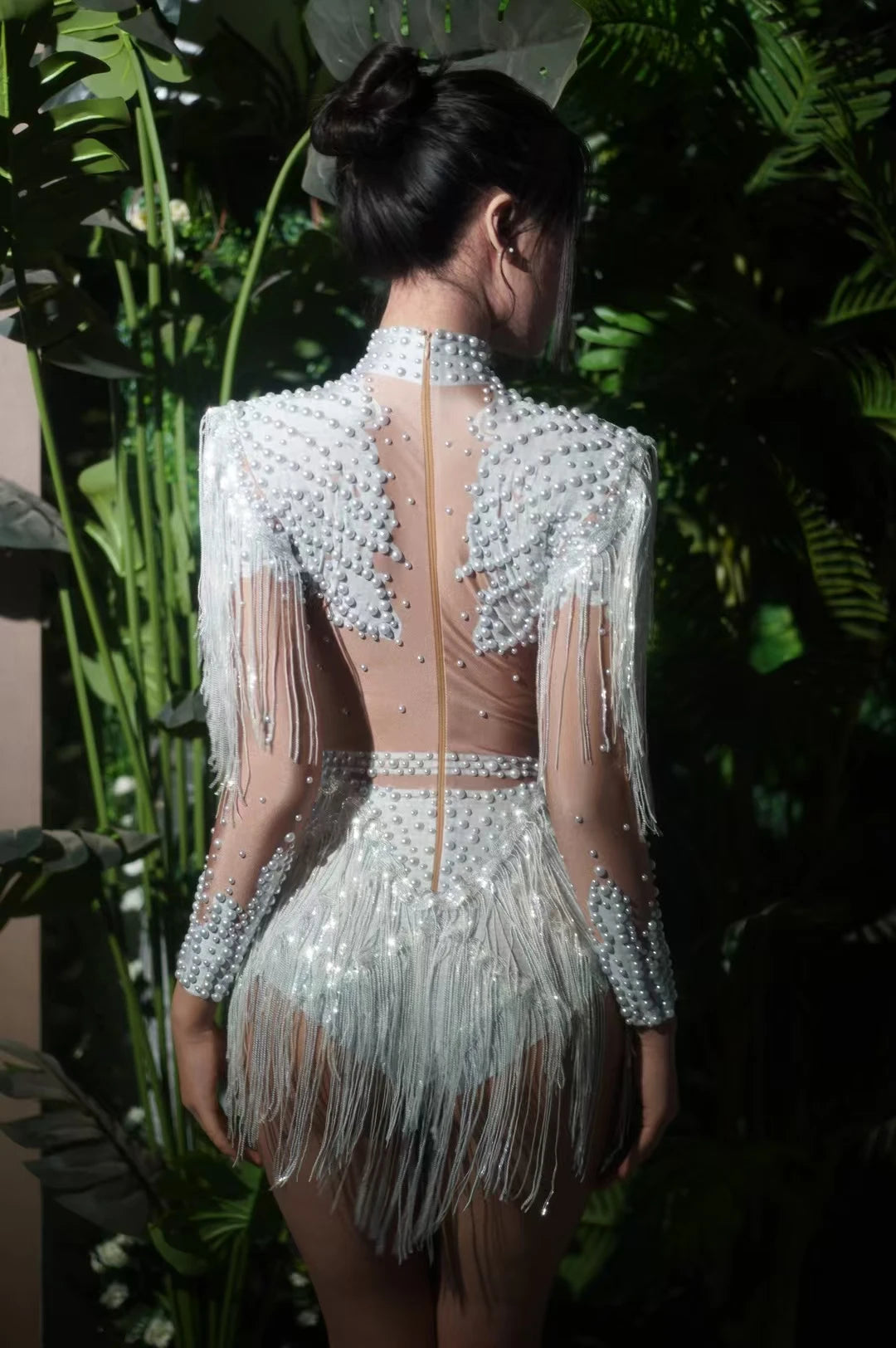 Sexy Elastic Rhinestone Tassel Party Bodysuit OutfiSet Women Nightclub Prom Crystal Fringe LeotardDance Stage Wear Nainiang Q025