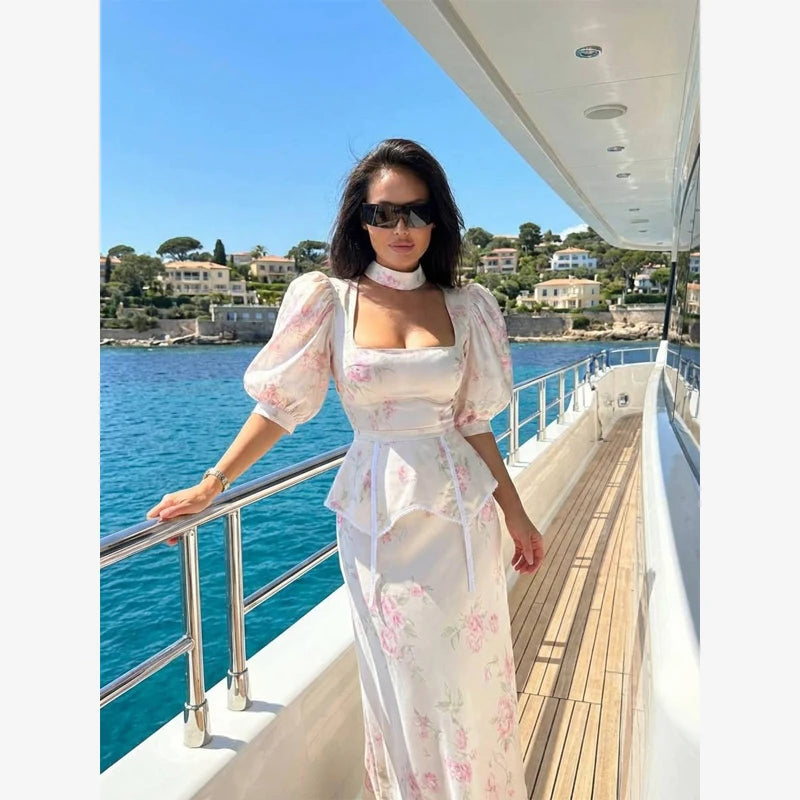 Women Orange Paisley Print Short Sleeve Maxi Dress Fashion V-neck Ruffle Trim Belted Slit Hem Dresses 2026 Lady Vacation Gown
