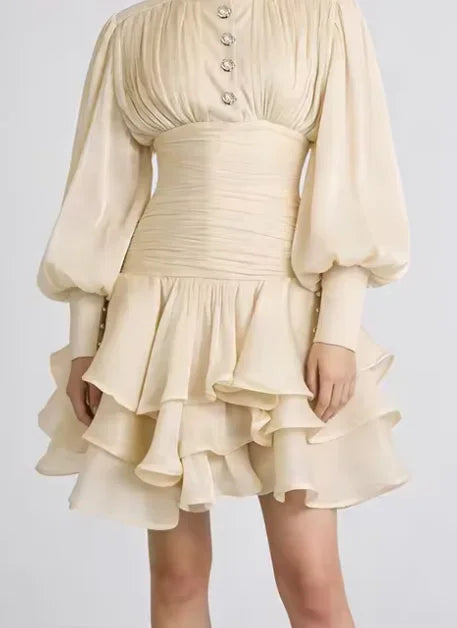 Elegant High Collar Ruffled Mini Dress Women Chic Long Puff Sleeves Waist Cinching A-line Dresses 2026 Lady Evening Dinner Gowns