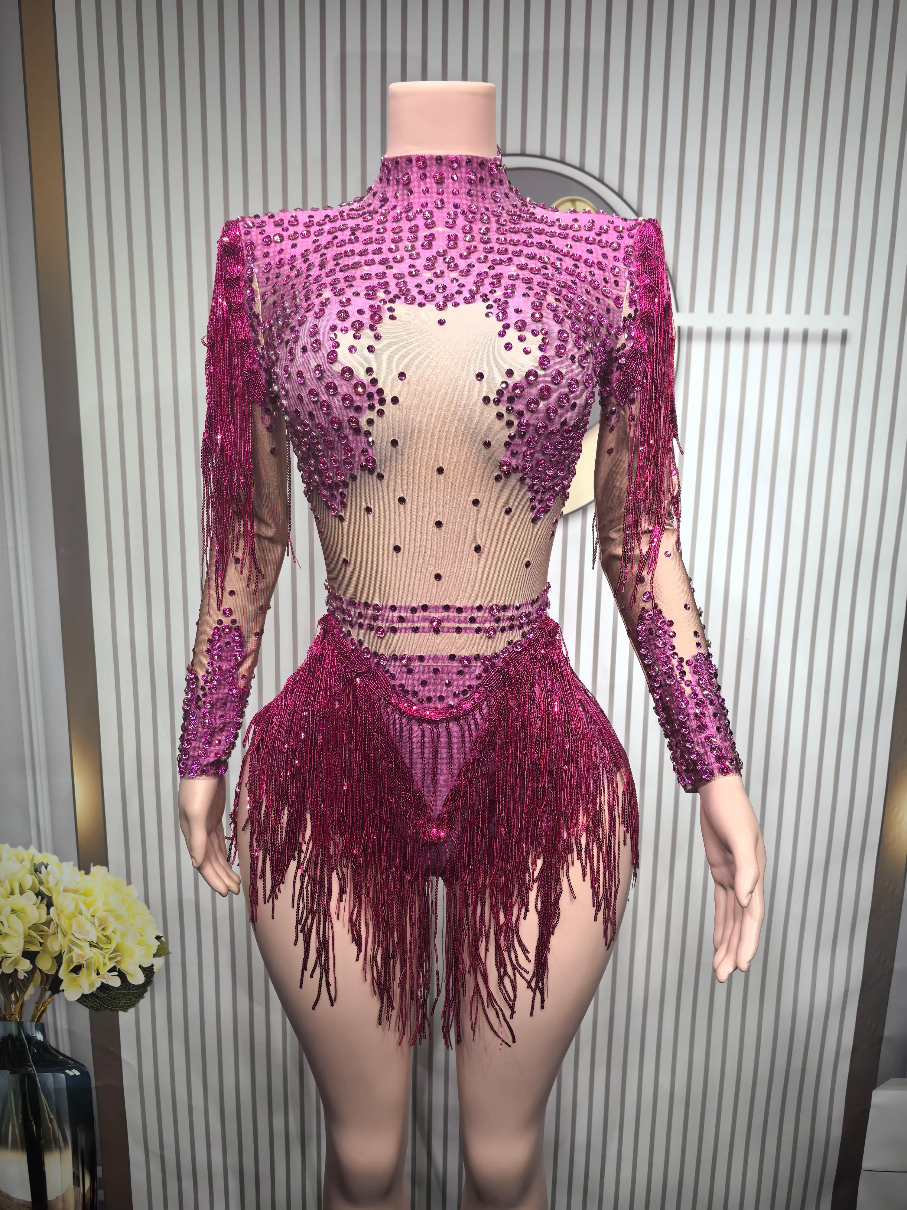 Sexy Elastic Rhinestone Tassel Party Bodysuit OutfiSet Women Nightclub Prom Crystal Fringe LeotardDance Stage Wear Nainiang Q025