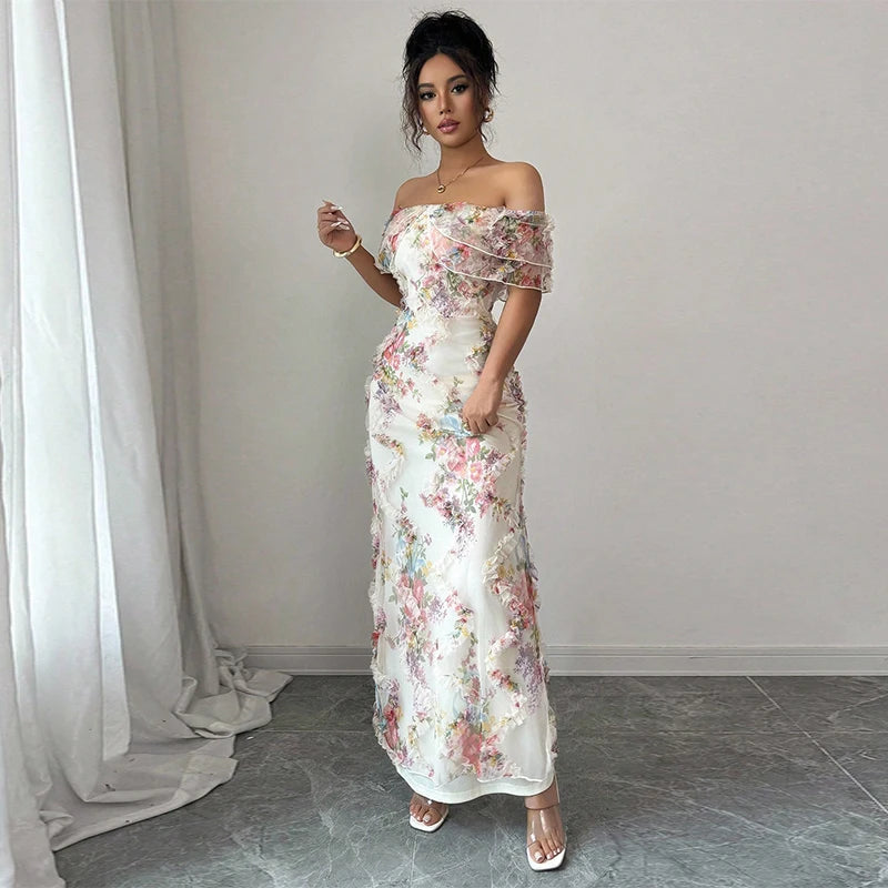 Padded Shoulder Ruffle Maxi Dress V-neck Low Slit Waist Cinching 2026 Springr Holiday Women Flowy Gown Chic Fashion Vestidoes
