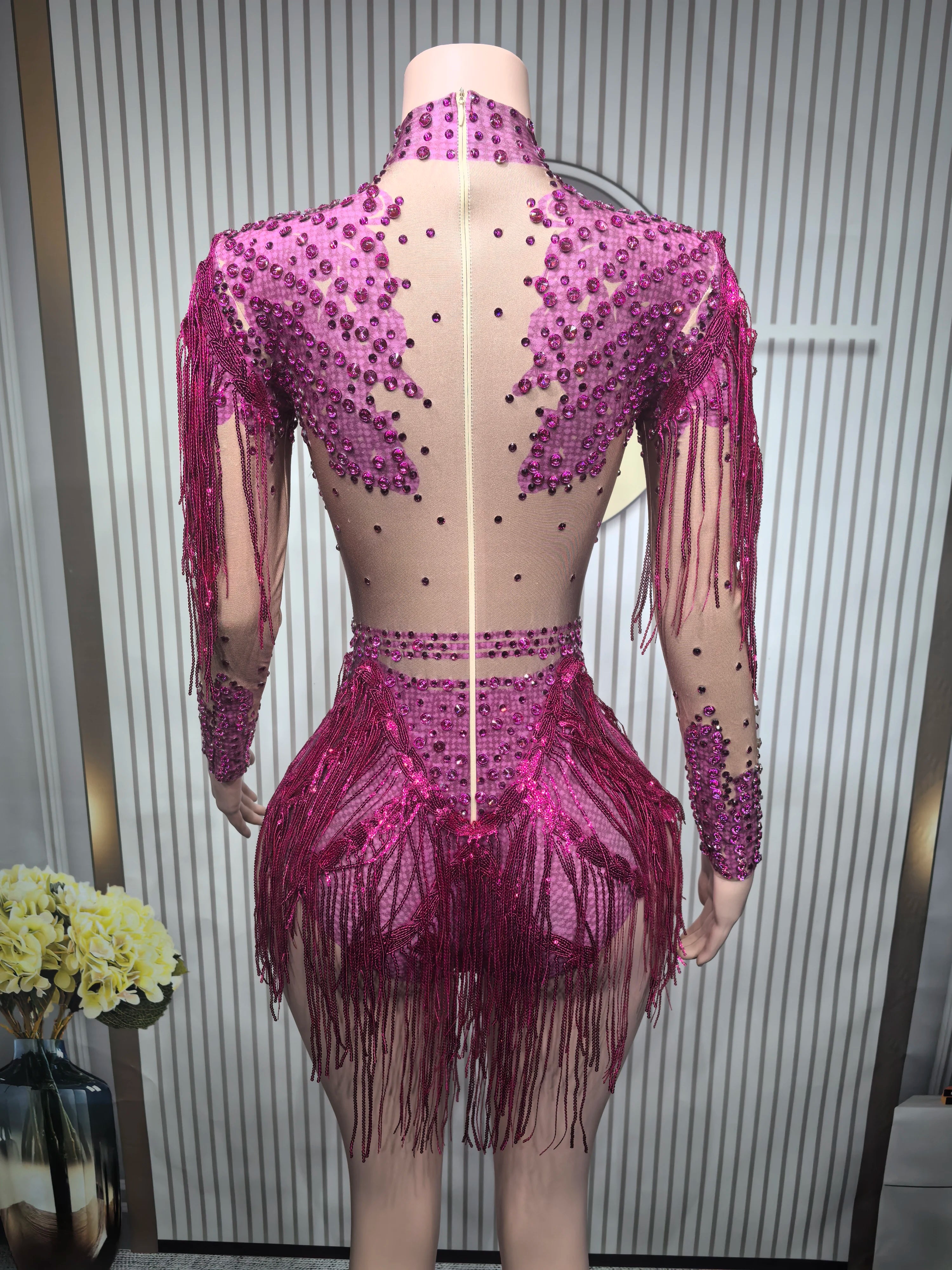 Sexy Elastic Rhinestone Tassel Party Bodysuit OutfiSet Women Nightclub Prom Crystal Fringe LeotardDance Stage Wear Nainiang Q025