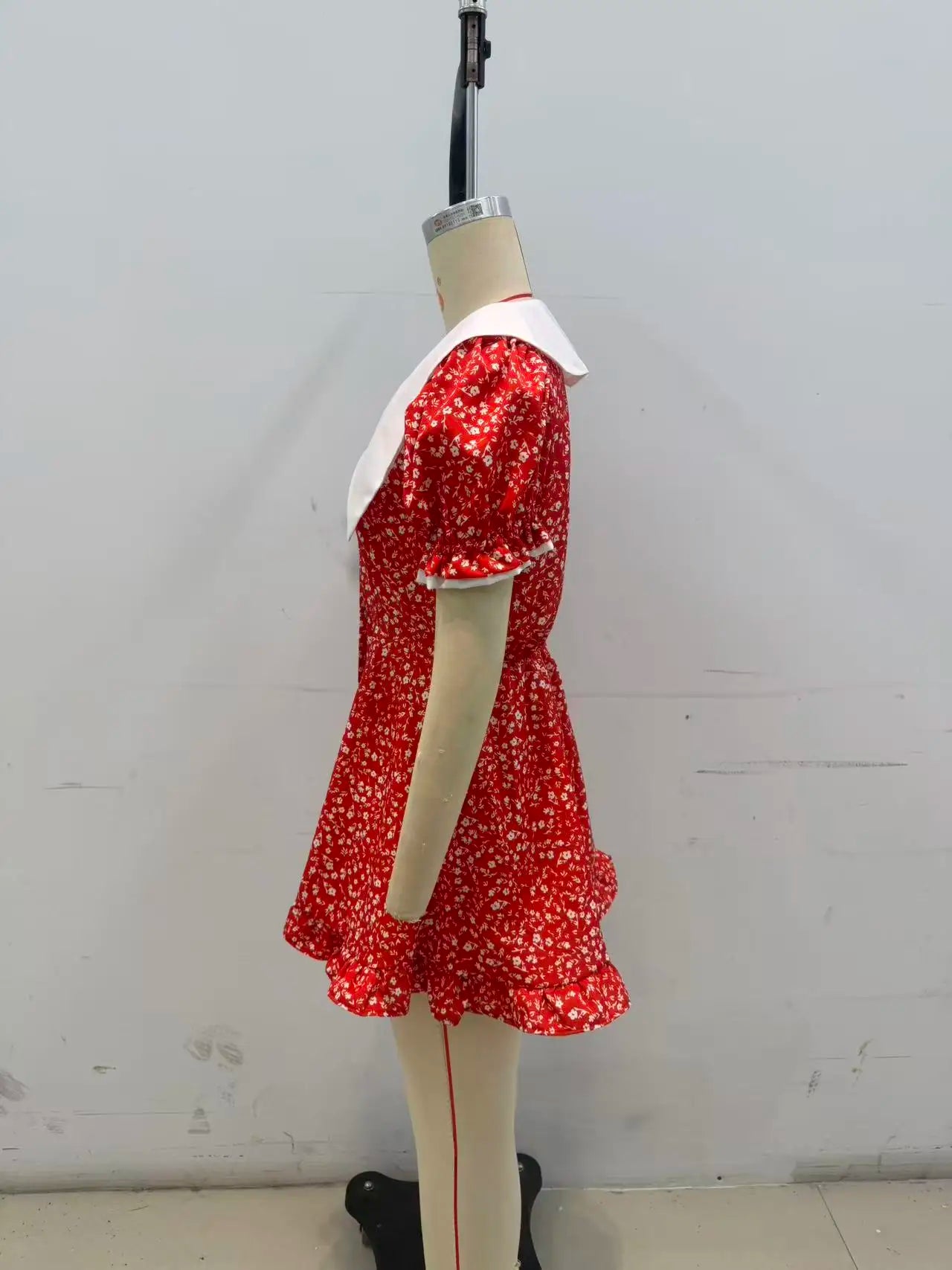 V-neck Peter Pan Collar Red Floral Print Puff Sleeve A-line Mini Dress High Waist Women's Casual Dresses 2026 Lady Date Vestidos