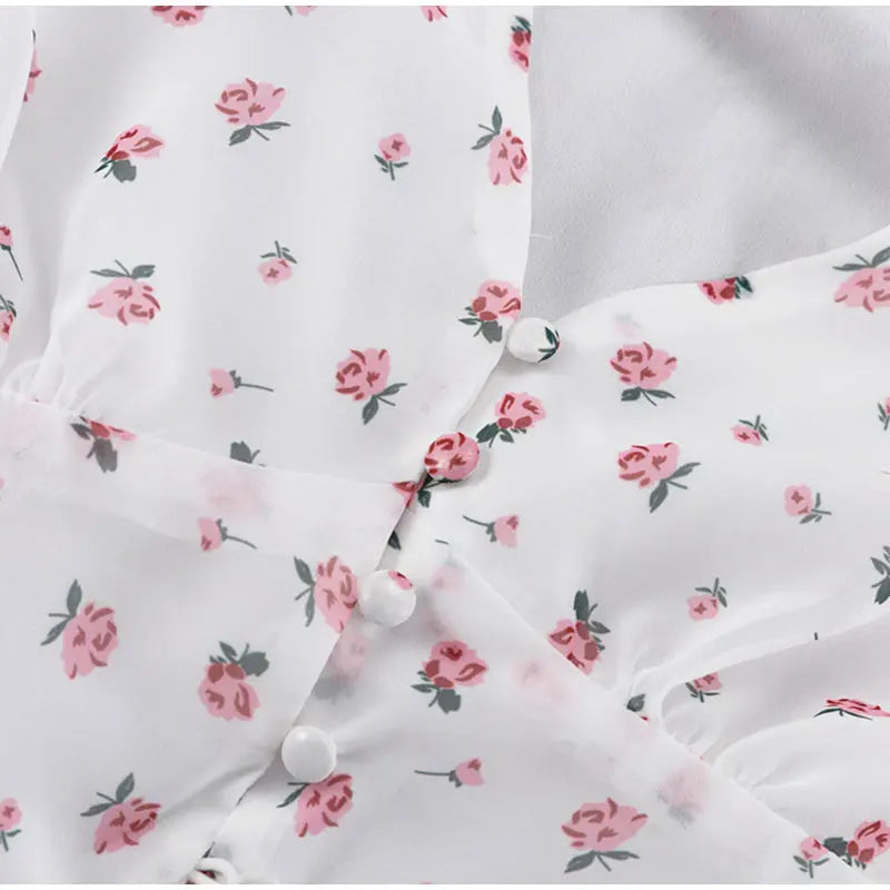 Floral Print V-Neck Flare Sleeve Mermaid Set Waist Cinched Ruffle Hem 2026 Summer Party Women Gown Retro Elegant Lady Vestido