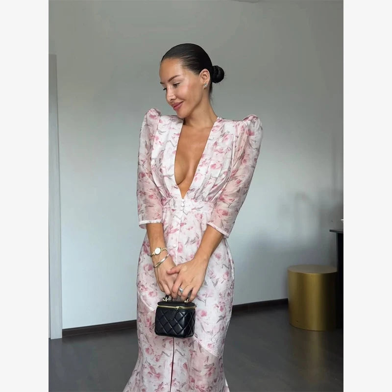 Women Orange Paisley Print Short Sleeve Maxi Dress Fashion V-neck Ruffle Trim Belted Slit Hem Dresses 2026 Lady Vacation Gown